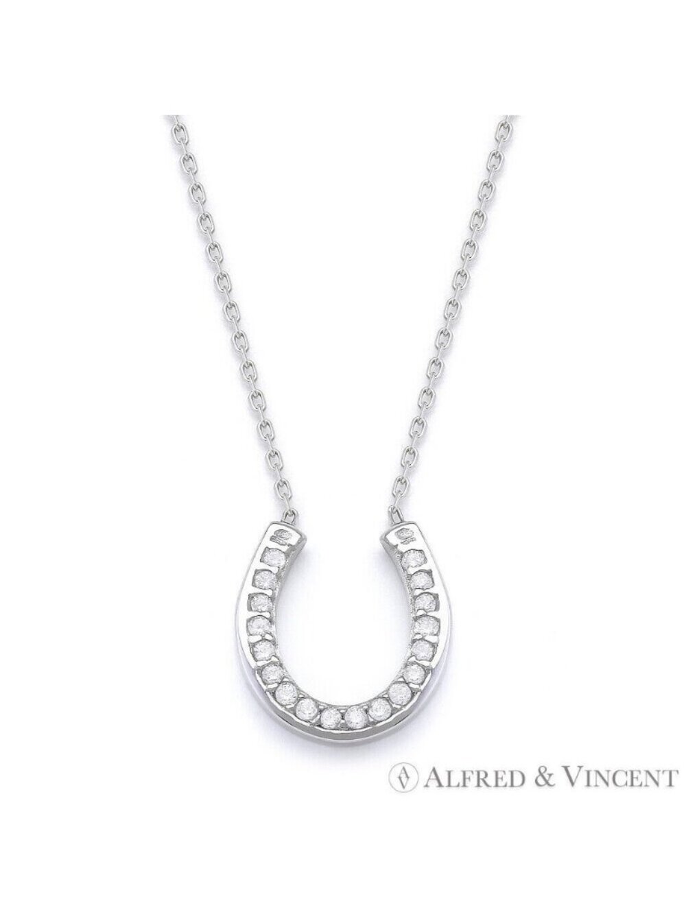 "U" Horseshoe CZ Crystal Luck Charm Pendant in .925 Sterling Silver w/ Rhodium